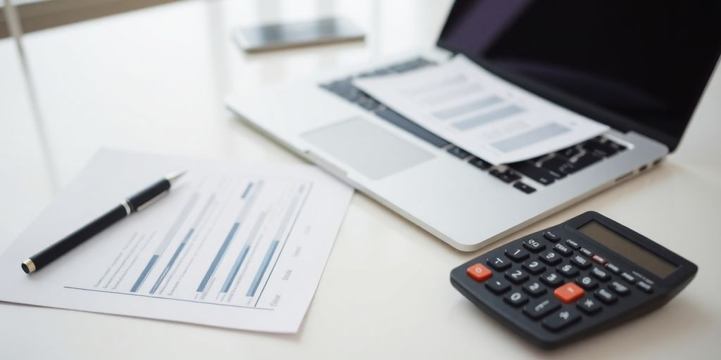Bureau moderne avec documents et ordinateur portable.