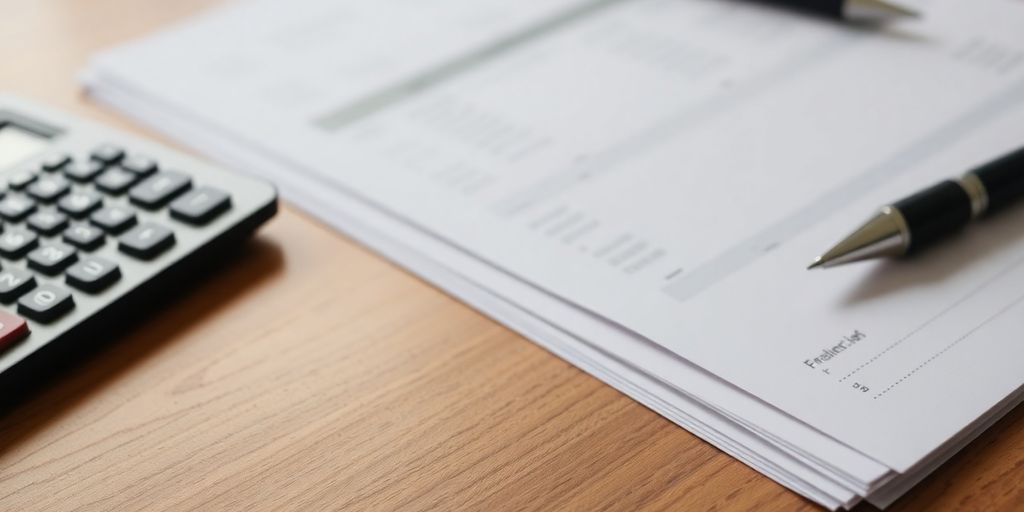 Calculatrice et documents financiers sur un bureau en bois.