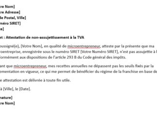 Modèle d’Attestation de Non-Assujettissement à la TVA