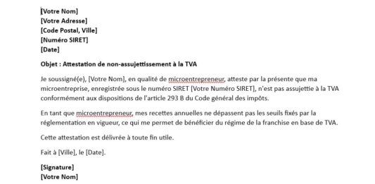 Modèle d’Attestation de Non-Assujettissement à la TVA