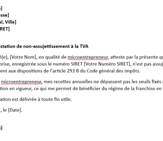 Modèle d’Attestation de Non-Assujettissement à la TVA