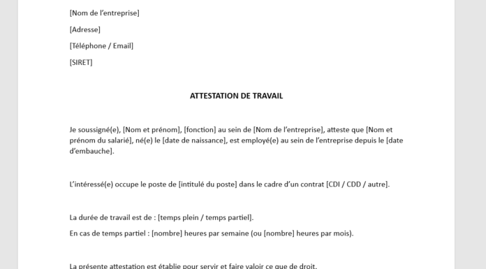 Modèle attestation de travail (Word à télécharger)