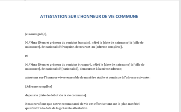 Modèle d’attestation sur l’honneur de vie commune pour conjoint de Français « word »