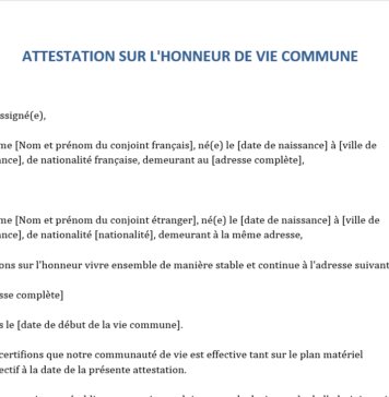 Modèle d’attestation sur l’honneur de vie commune pour conjoint de Français « word »