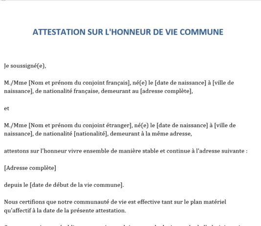 Modèle d’attestation sur l’honneur de vie commune pour conjoint de Français « word »