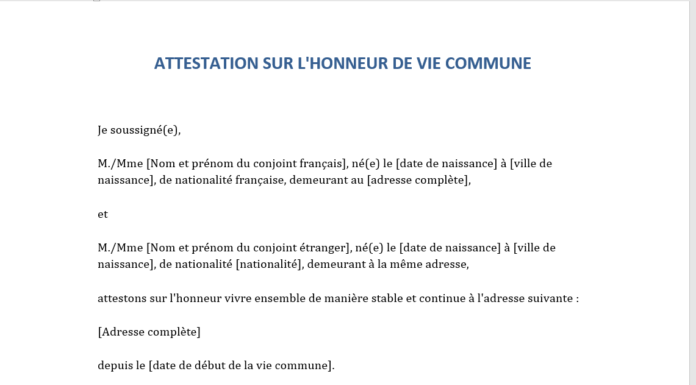 Modèle d’attestation sur l’honneur de vie commune pour conjoint de Français « word »